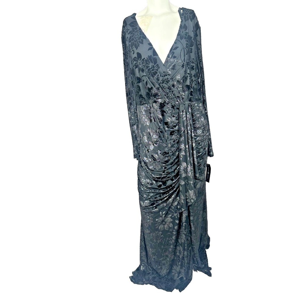 Betsy & Adam Black Burnout Floral Ruffled Metallic Velvet Evening Gown Sz14W NWT